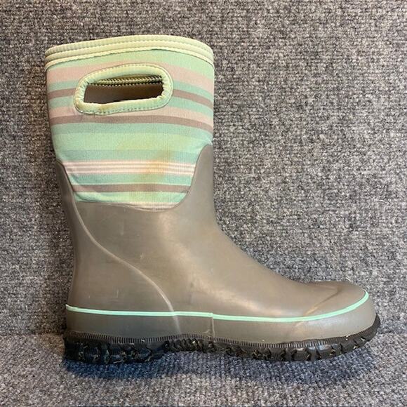 Bogs Youth Size 4 Pull On Snow Rain Boots Classic Stripe Gray Green - Picture 2 of 6